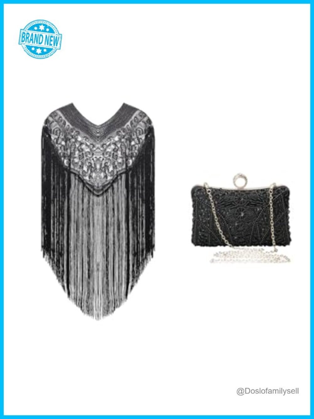 1920s Shawl Wrap Long Fringed Sequin Beaded Evening Cape with Clutch